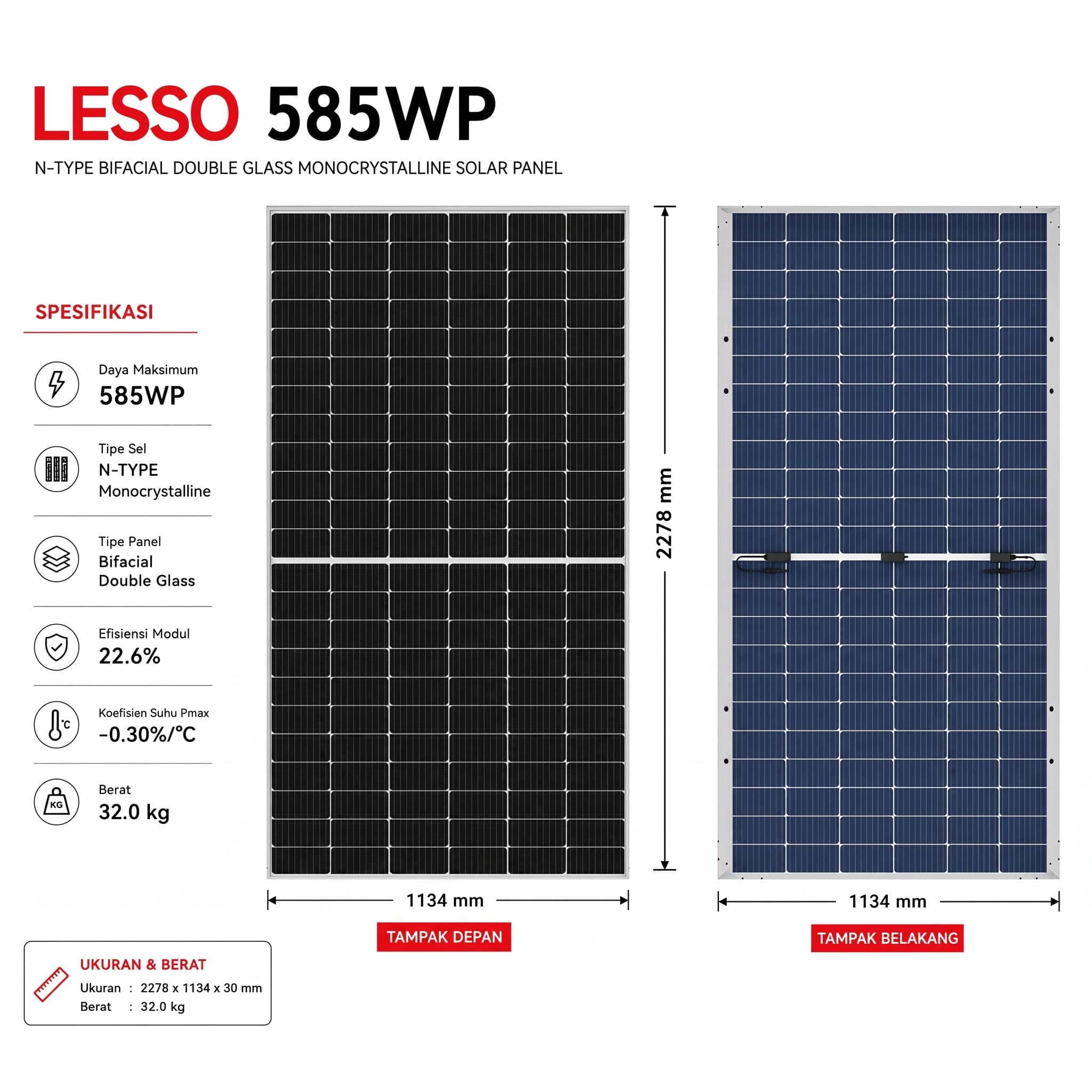 Panel Surya LESSO 585WP N-Type Bifacial Double Glass Monocrystalline Solar Panel